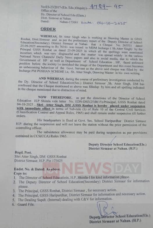 चैक पर लिखी स्पेलिंग हुई थी वायरल , विभागीय कार्रवाई के बाद शिक्षक निलंबित