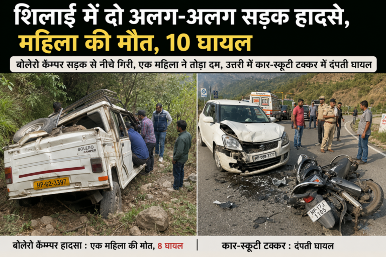 शिलाई में दो अलग-अलग सड़क हादसे, महिला की मौत, 10 घायल बोलेरो कैम्पर सड़क से नीचे गिरी, एक महिला ने तोड़ा दम, उत्तरी में कार-स्कूटी टक्कर में दंपती घायल
